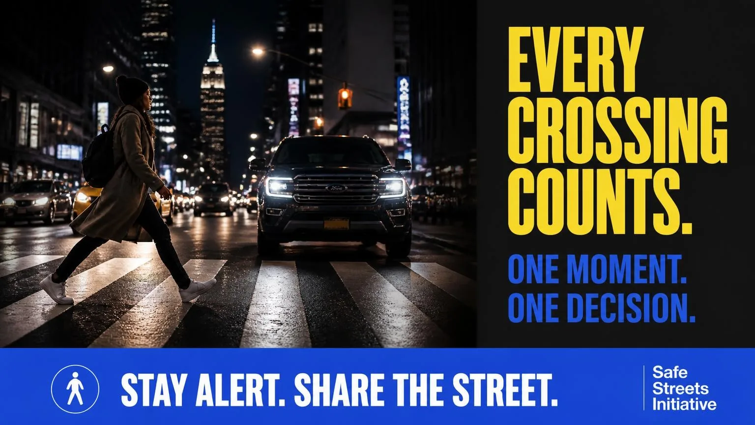 “Every Crossing Counts” digital billboard concept: “Look Up. Slow Down. Stay Aware.” over a city crosswalk