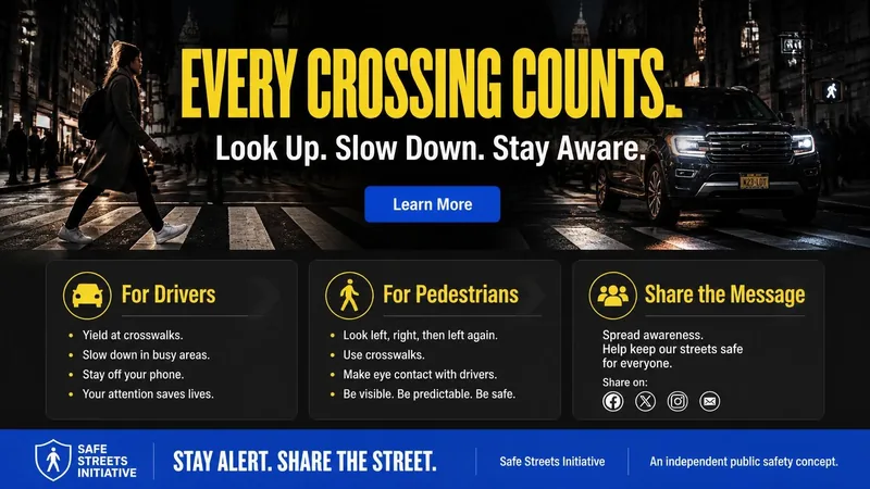Landing page concept for “Every Crossing Counts”: hero image, safety tips for pedestrians and drivers and campaign resources
