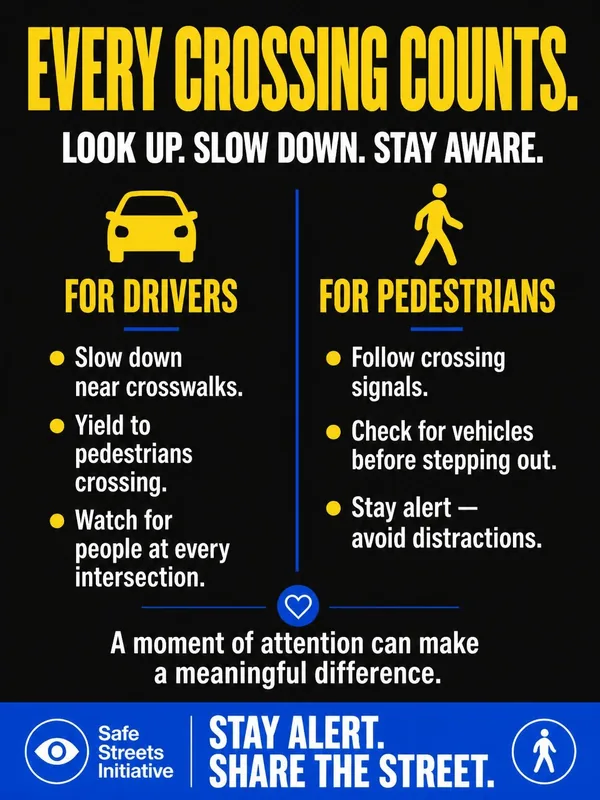 Educational safety flyer for the “Every Crossing Counts” concept with tips for pedestrians and drivers
