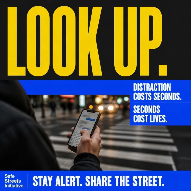 Square social media graphic for “Every Crossing Counts”: “Look Up.” with a pedestrian at a crosswalk