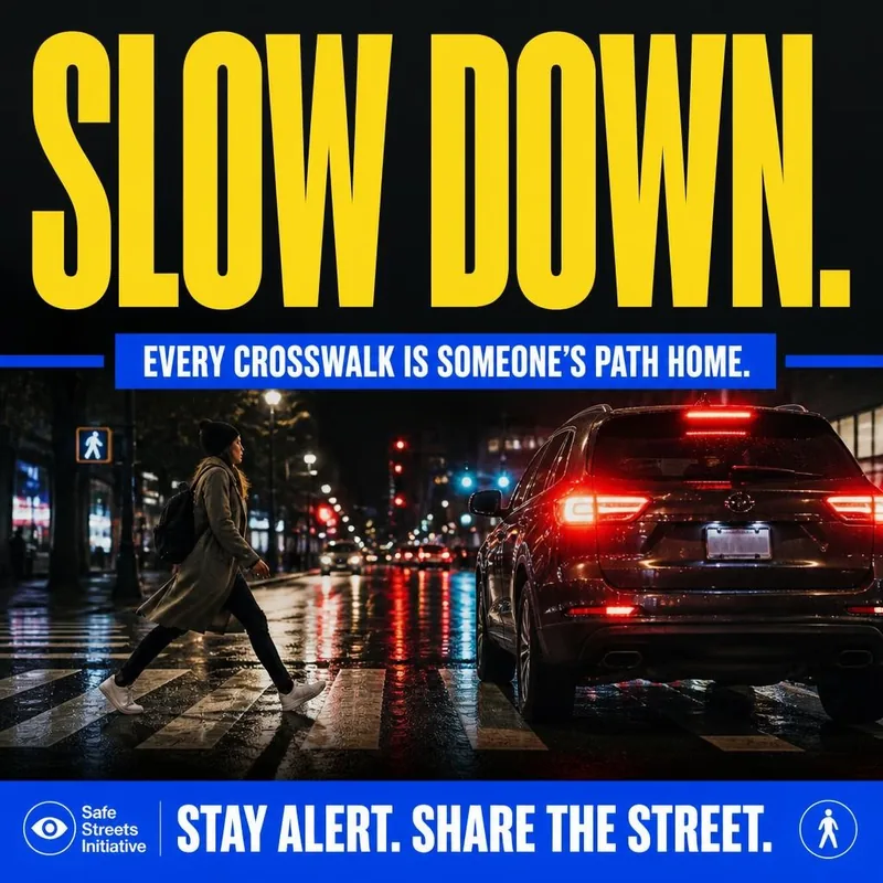 Square social media graphic for “Every Crossing Counts”: “Slow Down.” with a driver approaching a crosswalk