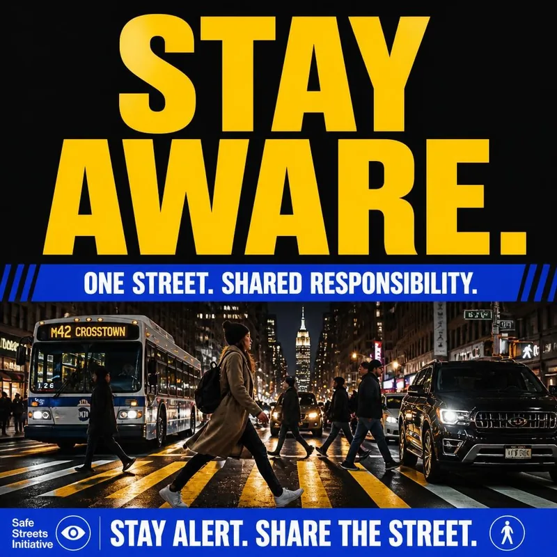 Square social media graphic for “Every Crossing Counts”: “Stay Aware.” with a pedestrian and a city bus