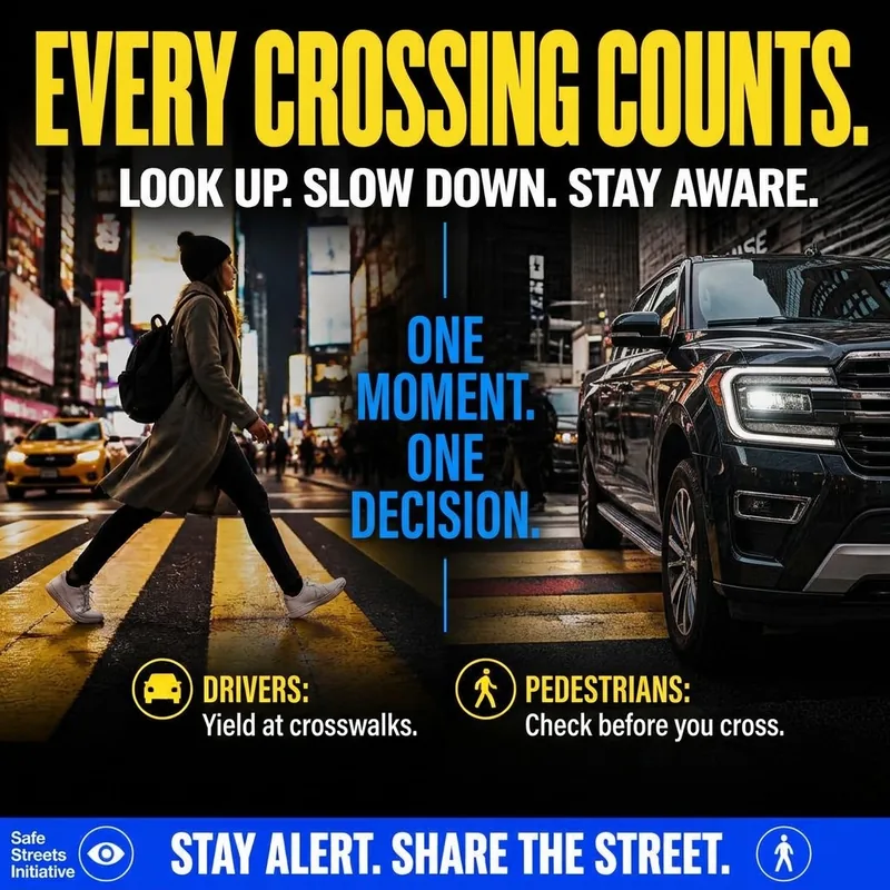 “Every Crossing Counts” poster: “A Split Second Can Change Everything.” with a pedestrian and an approaching car at a crosswalk