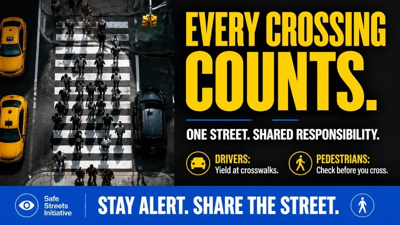Subway platform poster for the “Every Crossing Counts” concept with the message “Look Up. Slow Down. Stay Aware.”