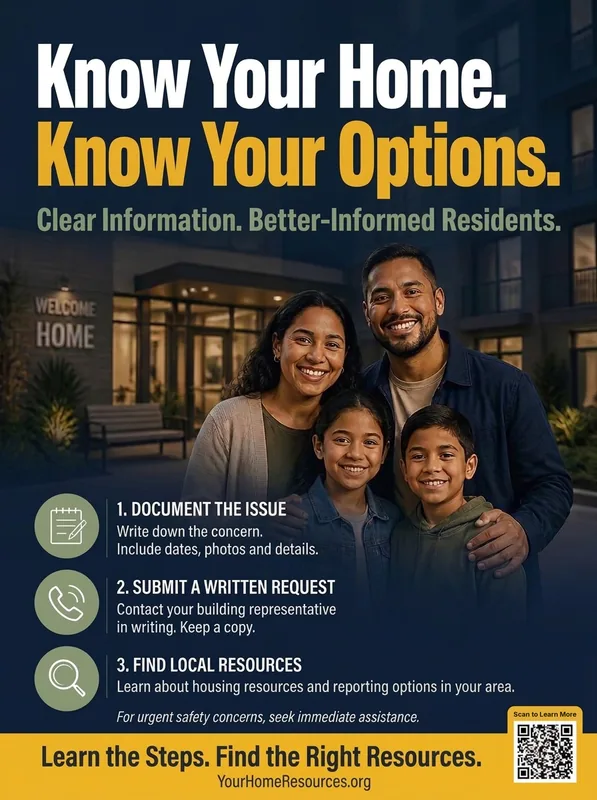 “Know Your Home. Know Your Options.” resident information poster: a family in front of their building, three steps (document the issue, submit a written request, find local resources), the line “Learn the Steps. Find the Right Resources.” and a QR code