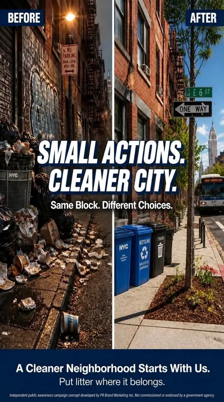 Vertical before-and-after social story panel for “Small Actions. Cleaner City.”: a littered sidewalk above, the same sidewalk clean below, with the lines “Same Block. Different Choices.” and “Put litter where it belongs.” Conceptual illustration, not actual photos.