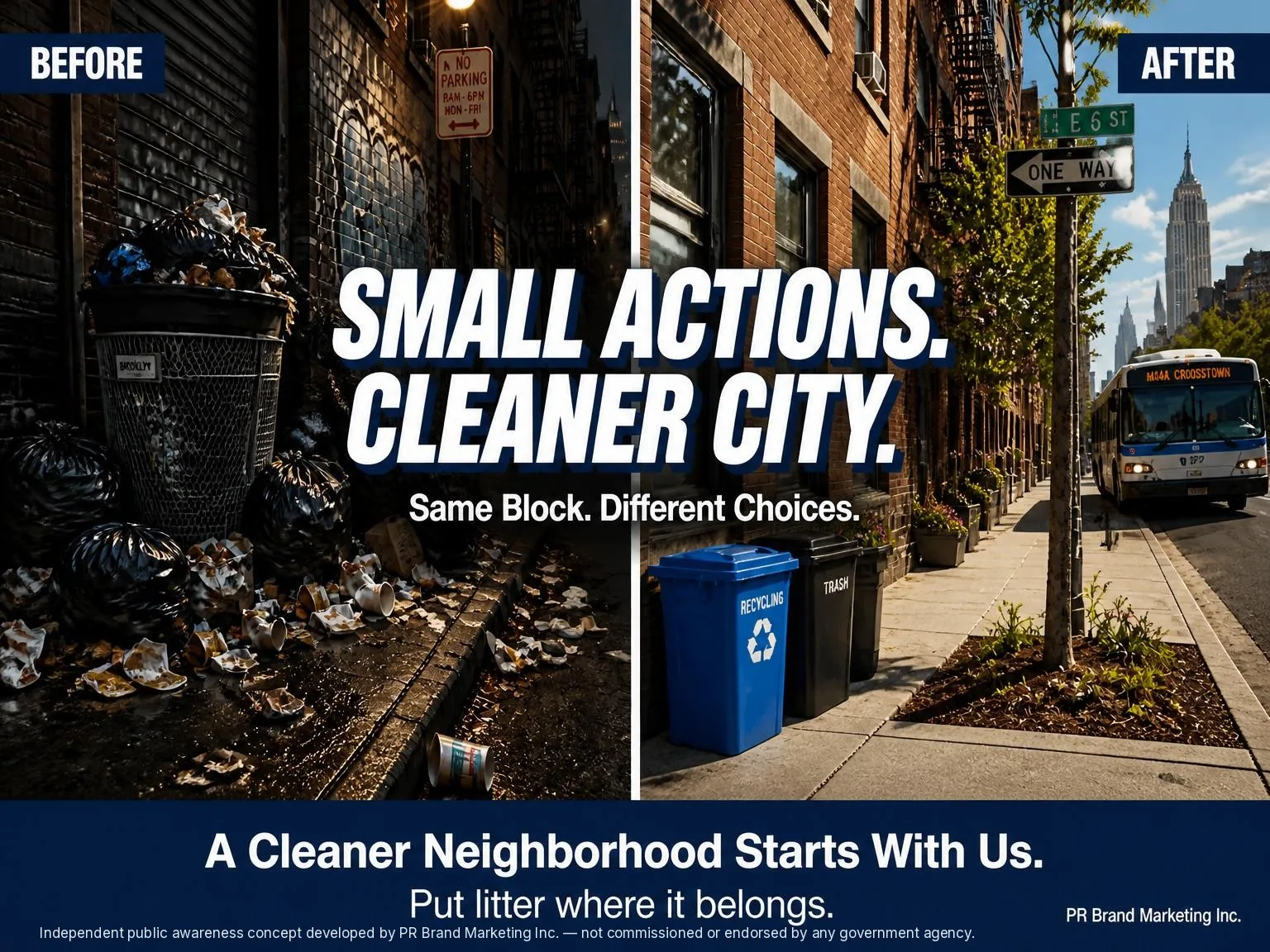 Bus shelter ad concept for “Small Actions. Cleaner City.”: a split street scene, littered on the left and clean on the right, with the lines “Same Block. Different Choices.”, “A Cleaner Neighborhood Starts With Us.” and “Put litter where it belongs.” and the independent-concept footer
