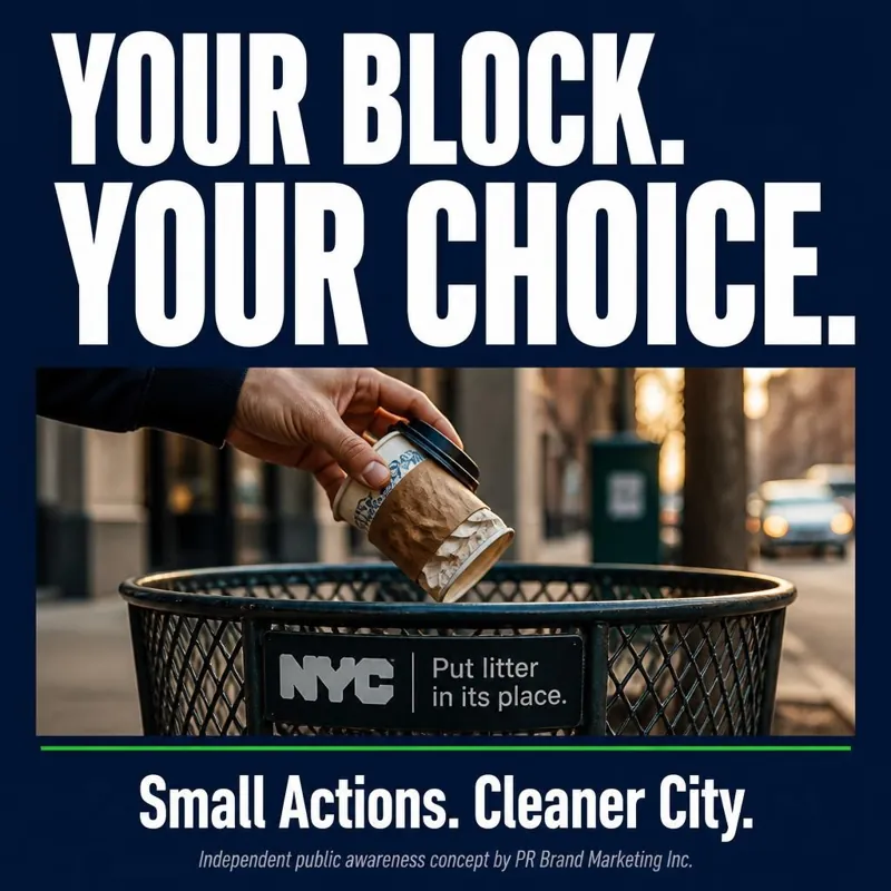 Square social media carousel panel for “Small Actions. Cleaner City.”: a resident dropping litter into a city bin, with the lines “Your Block. Your Choice.” and “Put litter where it belongs.”
