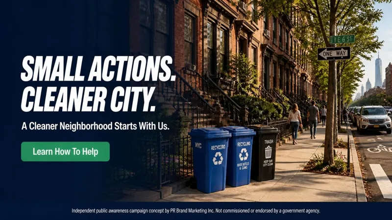 Landing page hero concept for “Small Actions. Cleaner City.”: a tidy New York City street scene, the line “A Cleaner Neighborhood Starts With Us.” and a “Learn How To Help” button