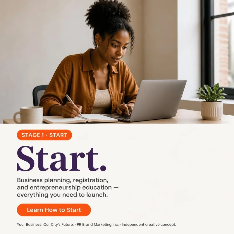 Stage 1, Start: series panel concept with a young entrepreneur at a laptop in a small shop, the lines “Start” and “Business planning, registration, and entrepreneurship education — everything you need to launch.” and the button “Learn How to Start”. Conceptual illustration.