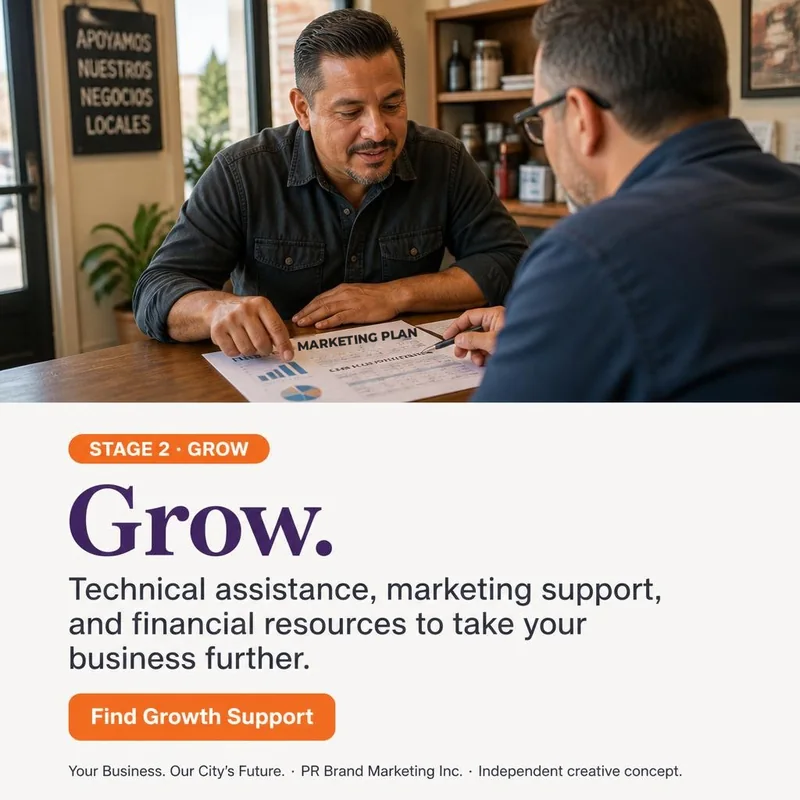 Stage 2, Grow: series panel concept with a business owner reviewing a marketing plan with an advisor, the lines “Grow” and “Technical assistance, marketing support, and financial resources to take your business further.” and the button “Find Growth Support”. Conceptual illustration.