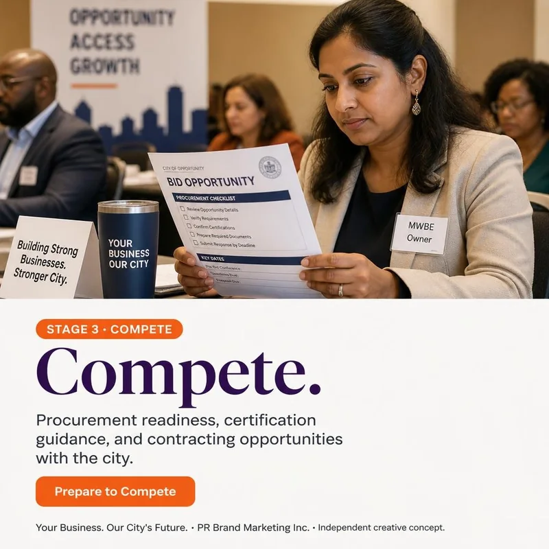 Stage 3, Compete: series panel concept with a business owner reading a procurement checklist at a pre-bid information session, the lines “Compete” and “Procurement readiness, certification guidance, and contracting opportunities with the city.” and the button “Prepare to Compete”. Conceptual illustration.