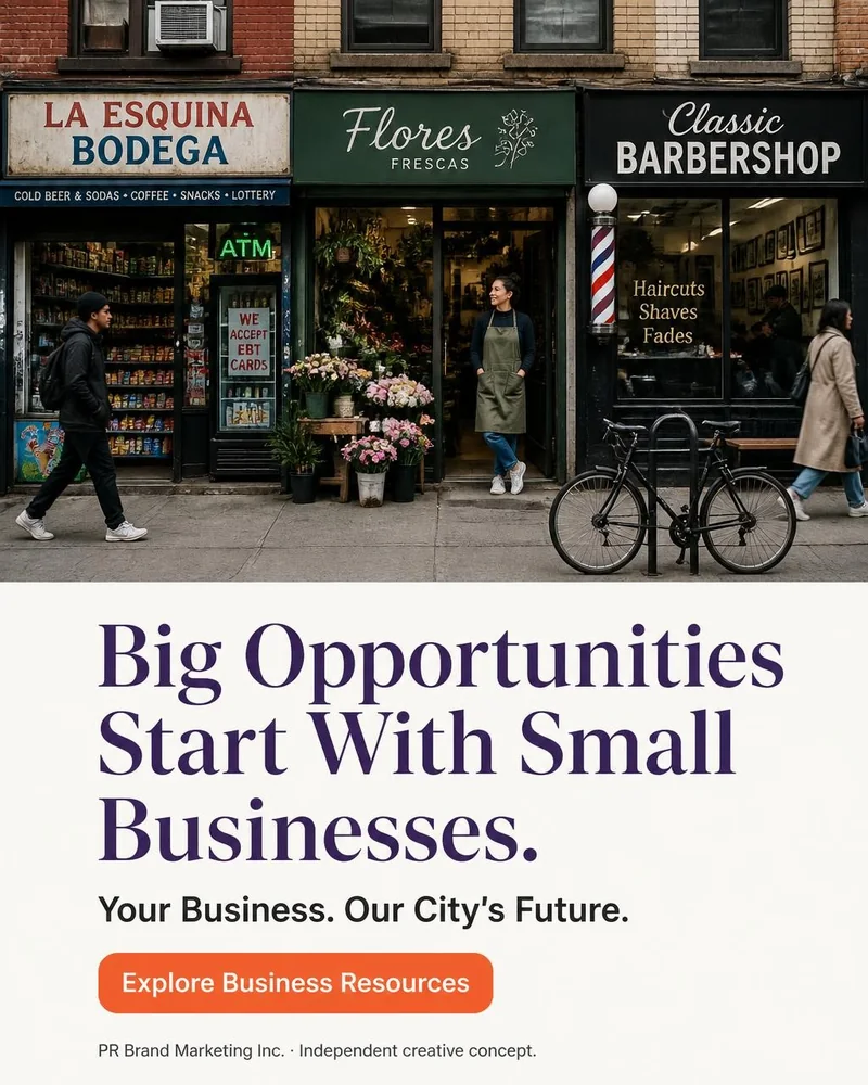 Main street advertisement concept for “Your Business. Our City’s Future.”: a photographic-style illustration of a New York City corner with a bodega, flower stand and barbershop, the headline “Big Opportunities Start With Small Businesses.” and the button “Explore Business Resources”. Conceptual illustration, not a photograph of an actual placement.