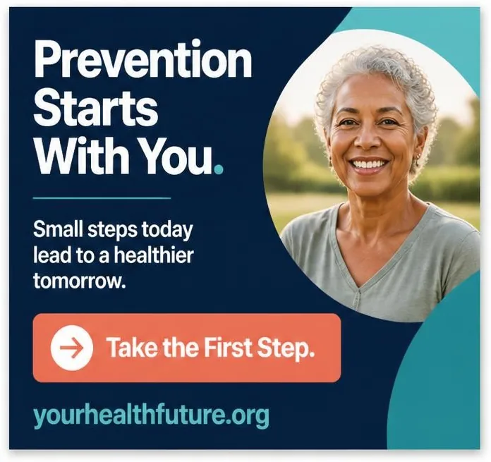Square digital banner: “Your Health. Your Future.” with the message “Take the First Step.”