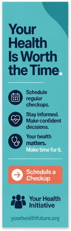 Vertical digital banner: “Your Health. Your Future.” with a “Schedule a Checkup” button