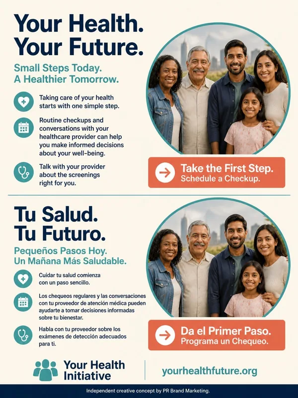 Bilingual English and Spanish flyer: “Your Health. Your Future. / Tu Salud. Tu Futuro.” with checkup, vaccine and screening reminders