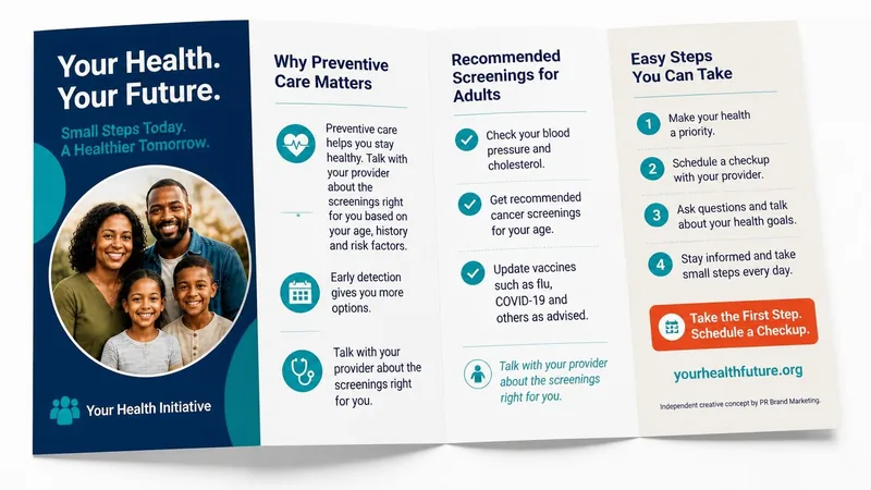 Tri-fold brochure for the “Your Health. Your Future.” concept with preventive-care information, a checkup checklist and a QR code