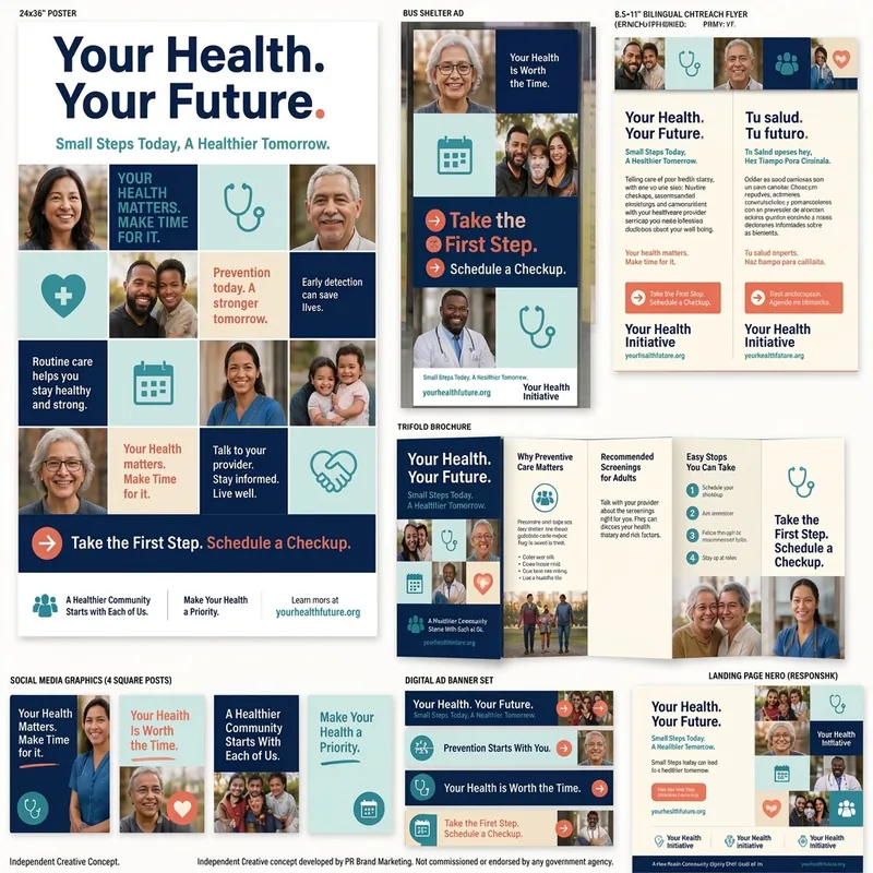 Grid of community photos used across the “Your Health. Your Future.” concept: families, seniors, clinicians and neighbors