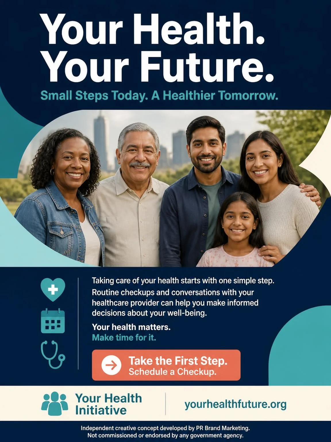Public health awareness campaign concept by PR Brand Marketing featuring family photography, navy and teal branding, and preventive healthcare messaging.