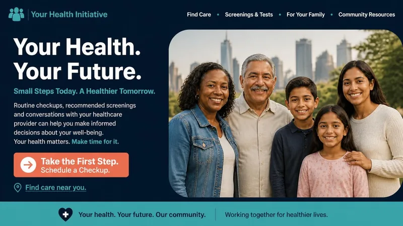 Landing page concept for “Your Health. Your Future.”: hero image, “Schedule a Checkup” button, preventive-care sections and resources