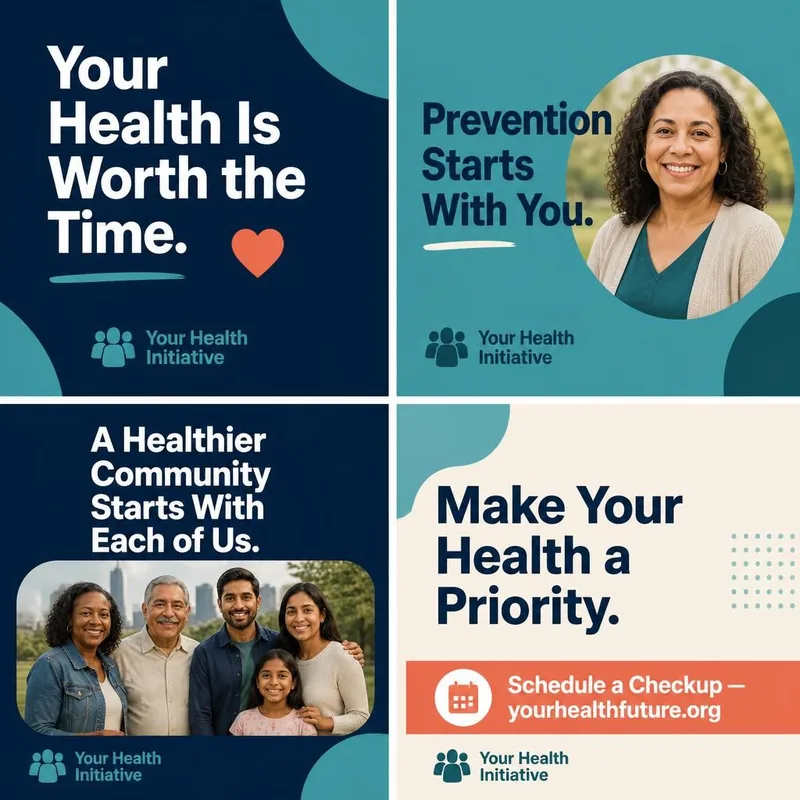 Set of four square social media graphics for the “Your Health. Your Future.” concept: Schedule Your Checkup, Vaccines Protect Families, Know Your Numbers, Healthy Habits