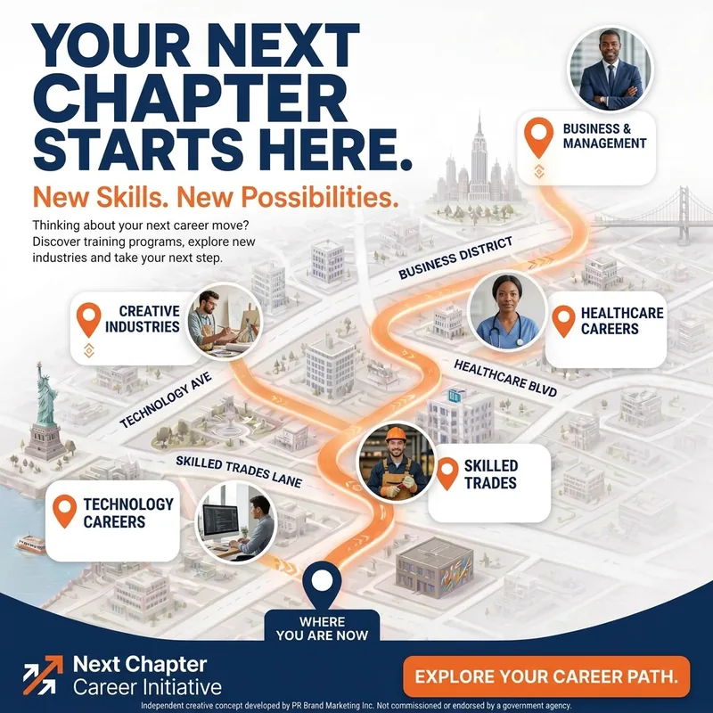Your Next Chapter Starts Here workforce development concept: illustrated career pathway map
