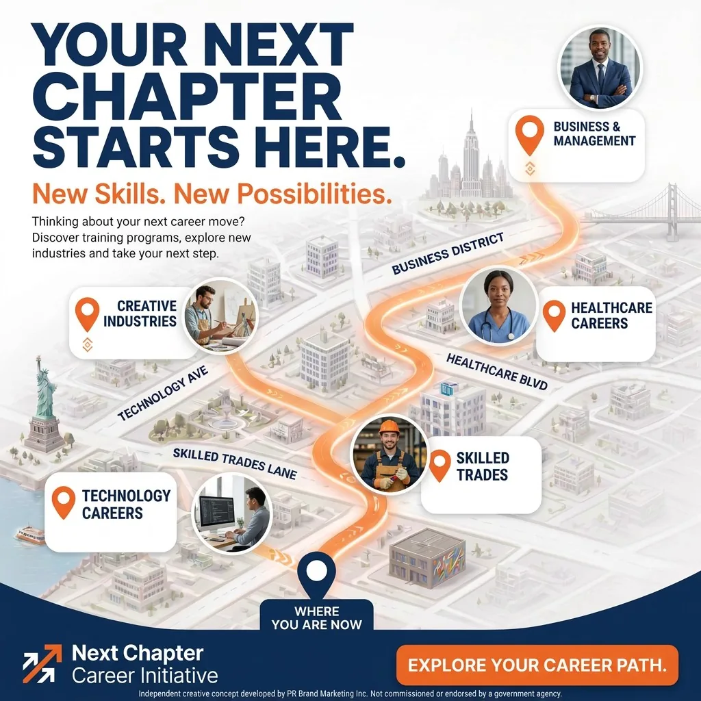 “Your Next Chapter Starts Here.” illustrated career-pathway map: an orange pathway through a city connects “Where You Are Now” to Healthcare Careers, Technology Careers, Skilled Trades, Business & Management and Creative Industries, with the call to action “Explore Your Career Path.”