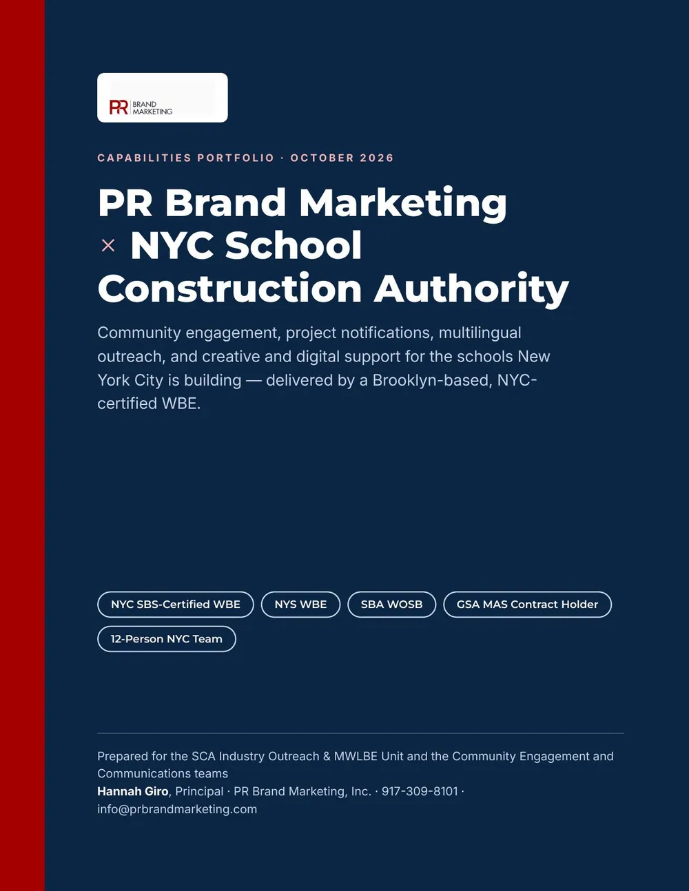 Cover of PR Brand Marketing's capabilities portfolio prepared for the NYC School Construction Authority