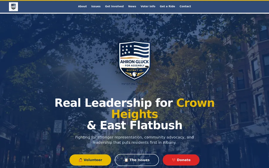 Ahron Gluck for NY Assembly campaign website home page on desktop