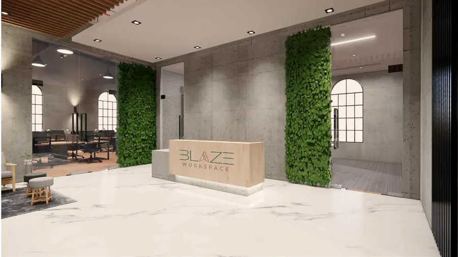 BLAZE Workspace brand guideline: reception wall mockup