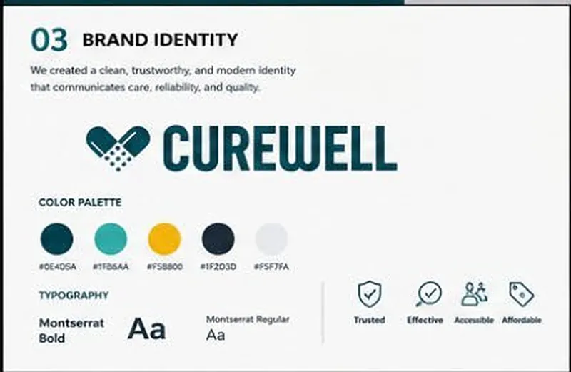 Curewell: brand identity, color palette and typography