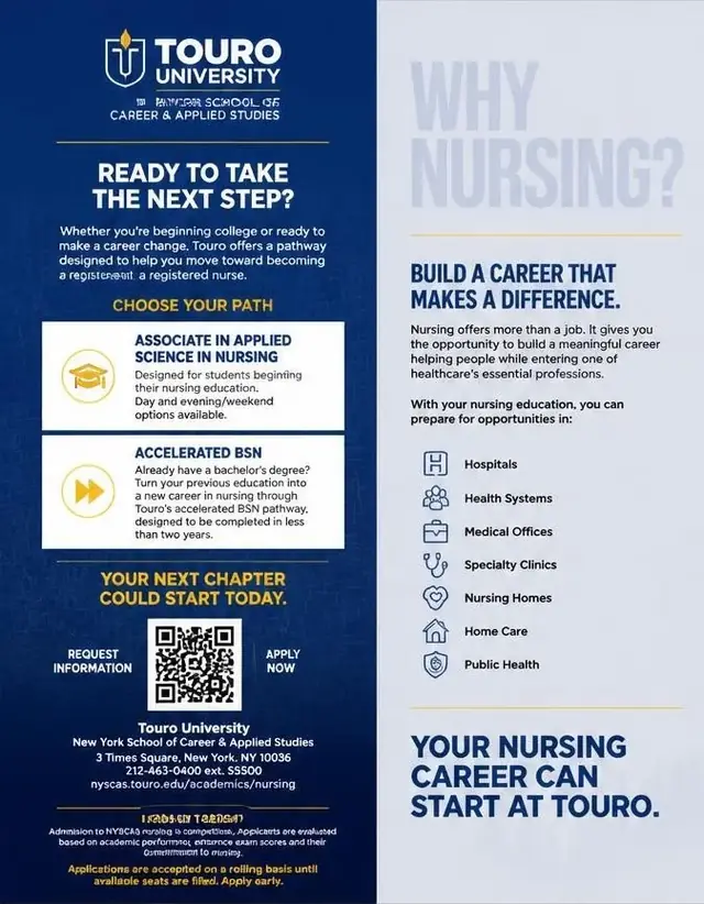 Touro University nursing program brochure, cover and journey panels