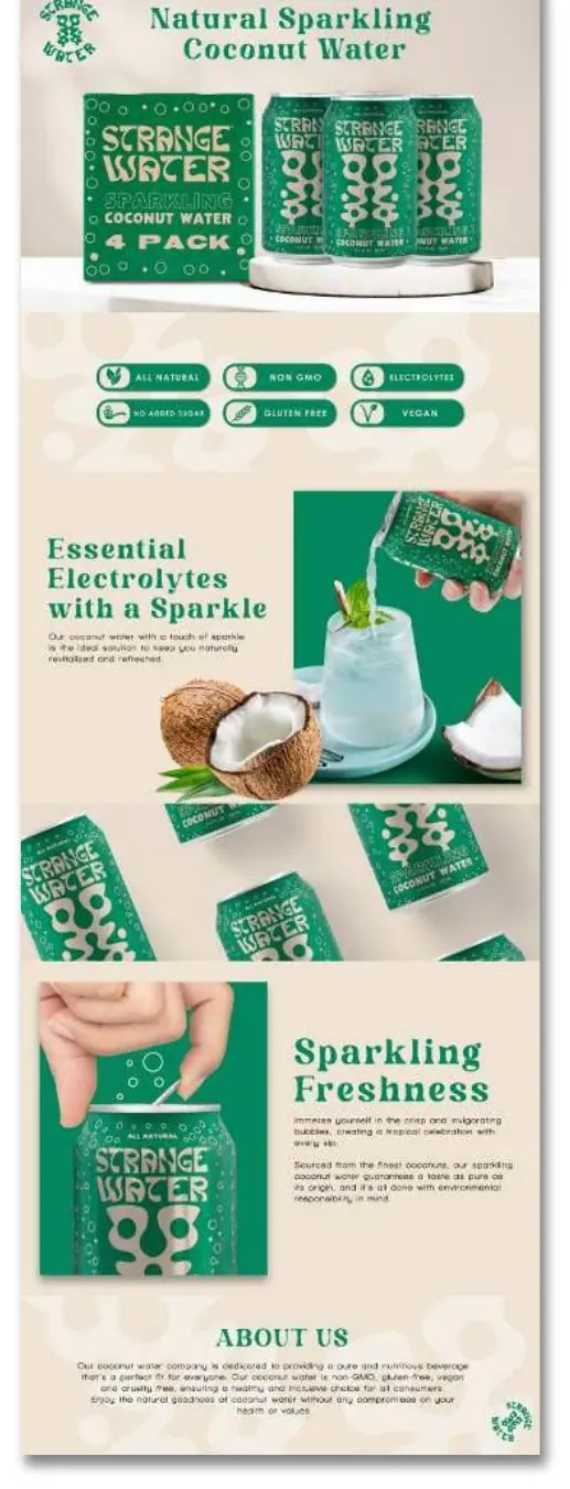 Amazon A+ content design for Strange Water natural sparkling coconut water