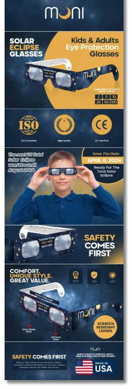 Amazon A+ content design for kids' and adults' solar eclipse glasses