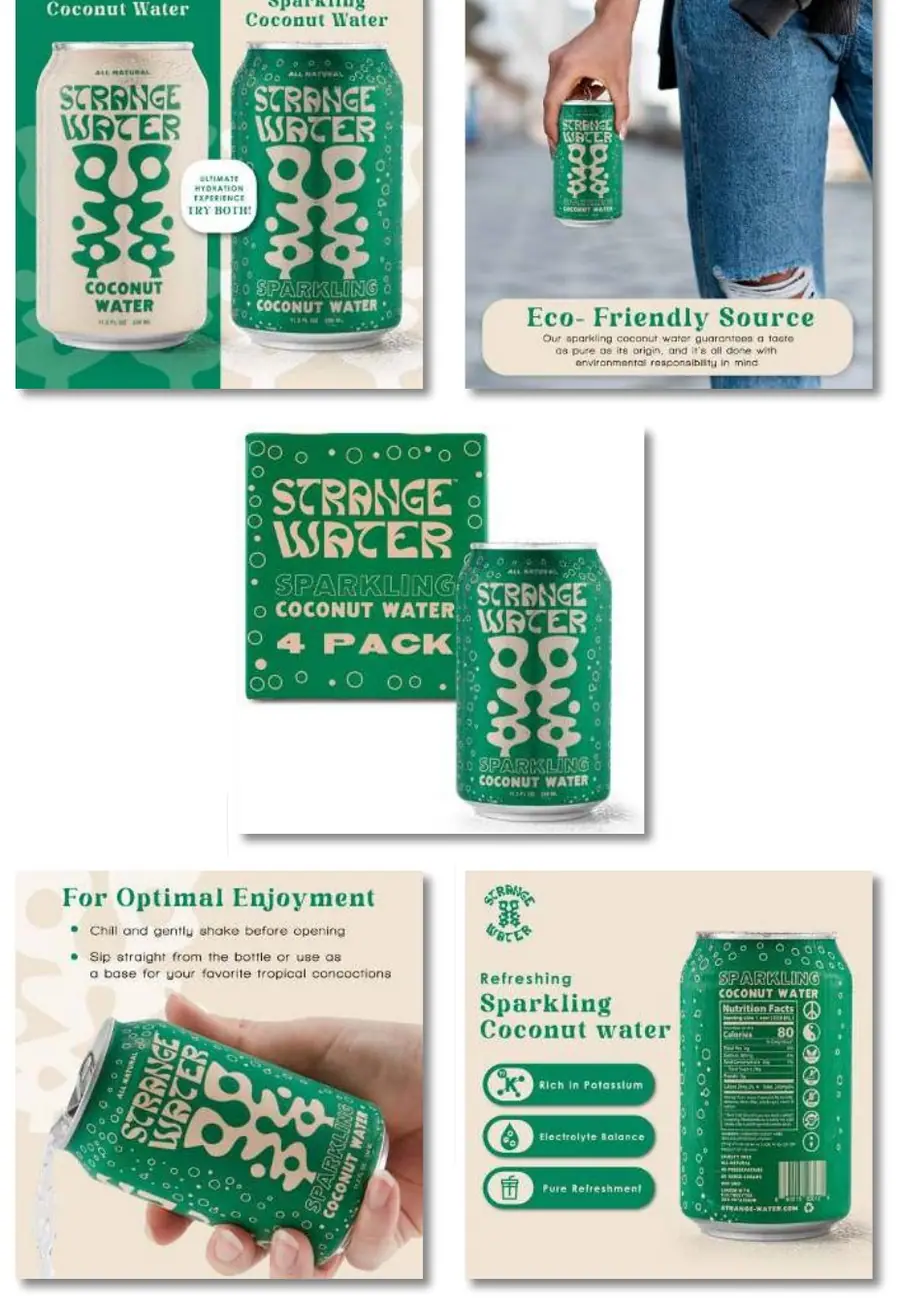 Amazon listing image set for Strange Water sparkling coconut water