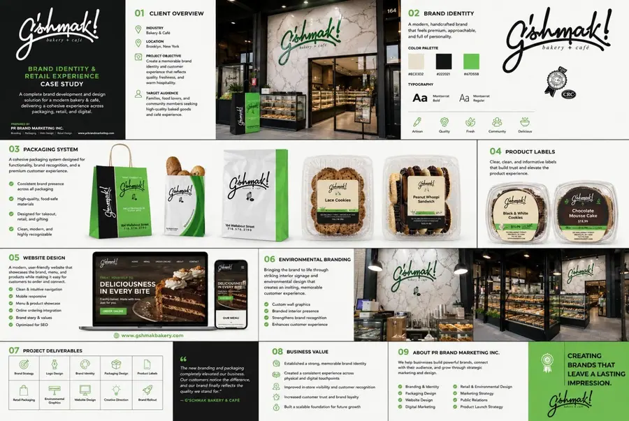 G’shmak Bakery & Café case study board: logo, packaging, labels, website and in-store graphics