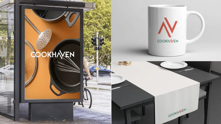 Cookhaven identity on a billboard, mug and apron mockups