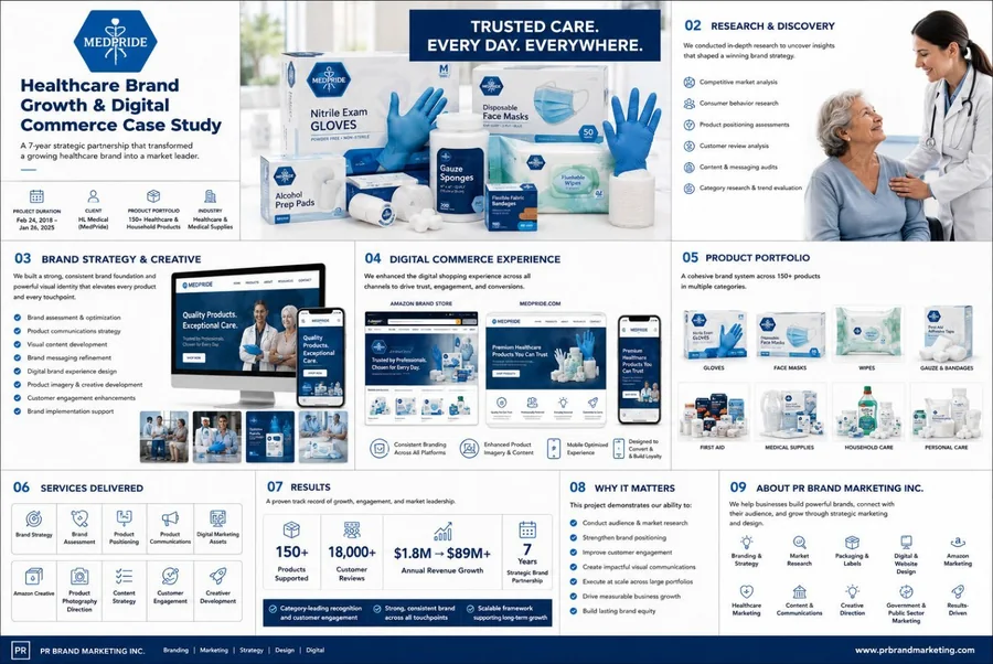 MedPride / HL Medical case study board: a 7-year strategic partnership (2018–2025) in brand strategy, product communications, creative and digital