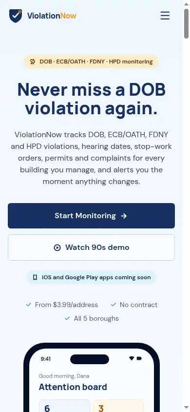 ViolationNow website home page on mobile